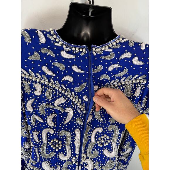 Vintage Silk Cocktail Dress Blue Sequin Beaded Avant Garde - Scala Size Med/Lrg - Picture 15 of 16